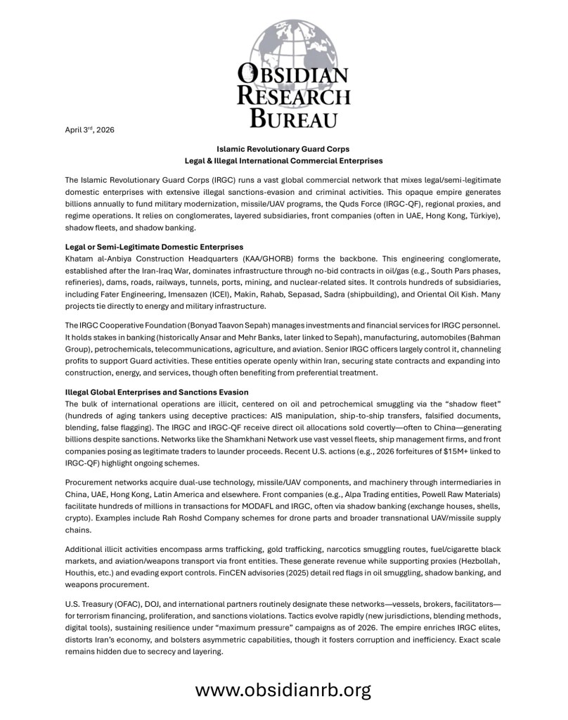 Obsidian Research Bureau - IRGC Comercial Operations